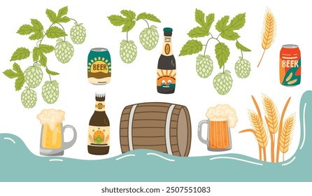 Cartoon set of brewing ingredients and containers.Beer bottles and cans, barrel, mugs full of foaming drink, hops and barley ears.Beer festival banner with vector designs isolated on white background.