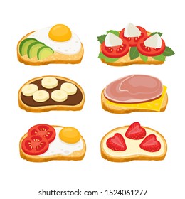Cartoon set of bruschetta with ham, cheese and avocado, tomato isolated on white background. Color vector illustration of delicious italian breakfast sandwiches for poster label and menu bakery shop.