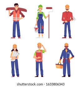 Cartoon set of builder and construction worker people isolated on white background - men and women in uniform standing and smiling - flat vector illustration.