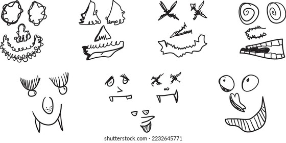 Cartoon set bundles emoticon creepy doodles hand drawn and symmetry style illustration vector for background, wallpaper, decoration, coloring book, print, illustration project, and many more.