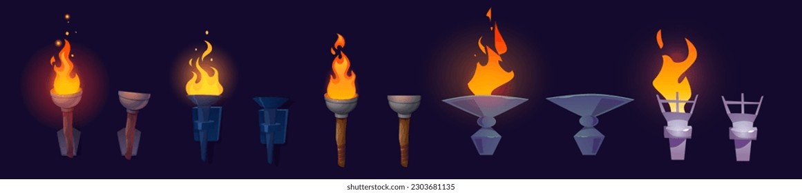 Juego de caricaturas de antorchas quemadas y extinguidas aisladas en el fondo. Ilustración vectorial de bengalas de madera, hierro con y sin fuego. Elementos de diseño interior para iluminación de mazmorras de castillo medieval