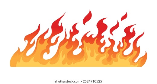 Cartoon set burning flames, wildfire elements, fire flame spurts, tongues of flame, ring of fire, frame of fire, bonfire. Burn red flames,  fireballs, symbols, illustrations isolated on white. 