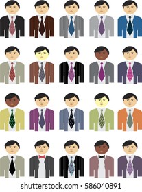 cartoon set of business men of different races in formal colored suits and colored necktie pattern and bowtie