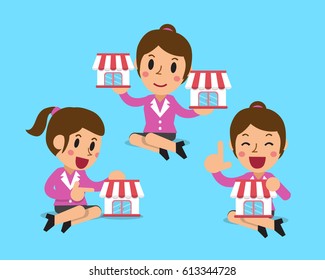 Cartoon set of a businesswoman with business store
