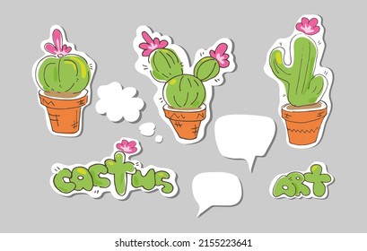 Juego de dibujos animados de cactus. Pegatinas. Nubes para texto de historietas