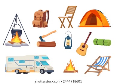 cartoon set of camping elements. Summer camp with tent, bonfire, backpack and van. Equipment for travel, hiking and activity vacation. Vector illustration in flat design