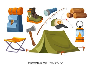 Cartoon Set Of Camping And Hiking Objects. Tourist Equipment