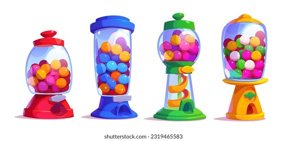 Cartoon set of candy machines isolated on white background. Vector illustration of red, blue, green, yellow retro vending dispensers with glass jars full of bubblegums, sweets, gumballs, chewing gum