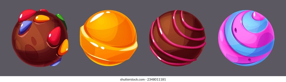 Conjunto de dibujos animados de planetas de caramelo aislados en el fondo. Ilustración vectorial de chocolate dulce, caramelo, lollipop, pasteles de bolas de galletas decorados con lustroso color. Elementos de diseño de cañerías de fantasía