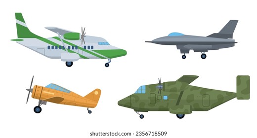 Cartoon set of cargo, military aircraft. Vector illustration isolated on white background