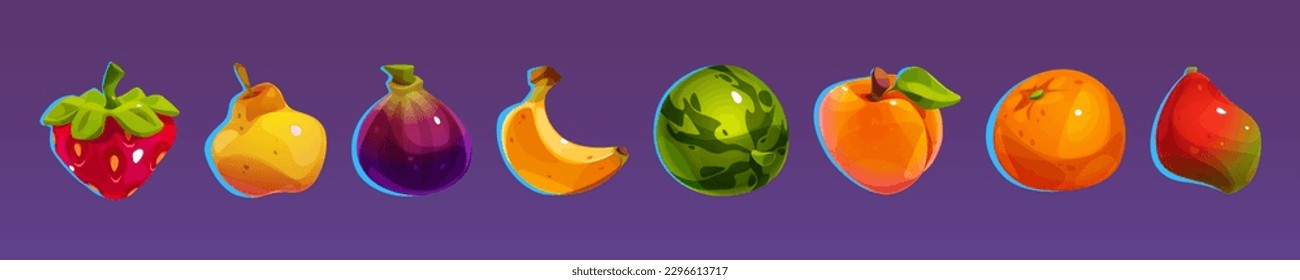 Cartoon set of casino fruit icons isolated on background. Vector illustration of strawberry, pear, fig, banana, watermelon, peach, orange and mango for slot machine, game ui, mobile betting app design