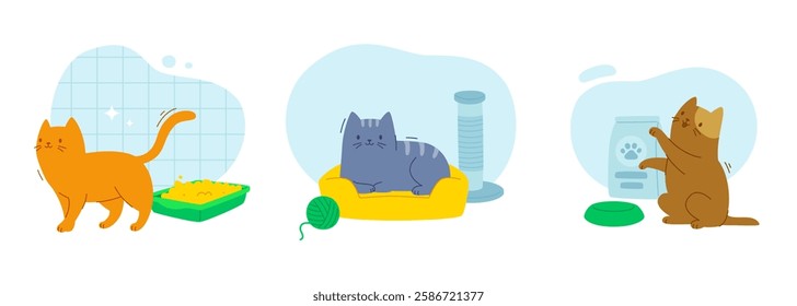 Cartoon set with cats and grooming supplies. Flat illustrations collection with cats in different situations.