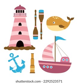 cartoon set of characters objects for nautical theme, lighthouse, boat, whale, oars, anchor and spyglass on white background, vector illustration of icons in flat style