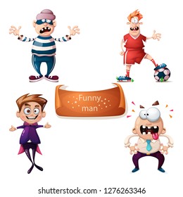 Cartoon set characters thief, football, soccer, boy and office man Vector eps 10