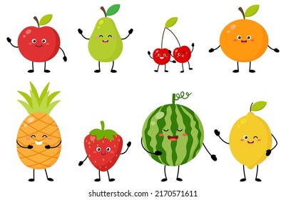 Cartoon set of cheerful cute fruits characters with different poses and emotions. Cute apple, pear, cherry, orange, pineapple, strawberry, watermelon, lemon for kids vector food illustration