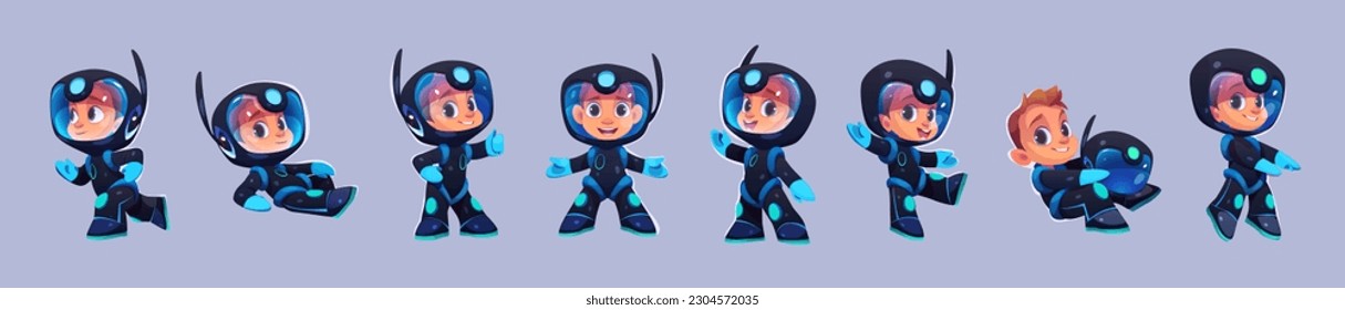 Cartoon set of child astronaut isolated on background. Vector illustration of cute little boy in black space suit and helmet running, standing, smiling, showing thumbs-up, waving hand. School mascot