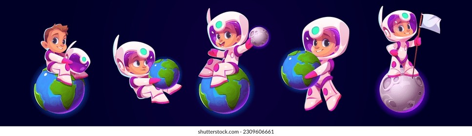 Cartoon-Set mit Kinderastronaut, gespielt mit Planeten einzeln auf Hintergrund. Vektorgrafik eines süßen kleinen Mädchens in rosafarbenem Raumanzug, der die Erde hält, mit Fahne auf dem Mond steht und lächelt. Maskottchen