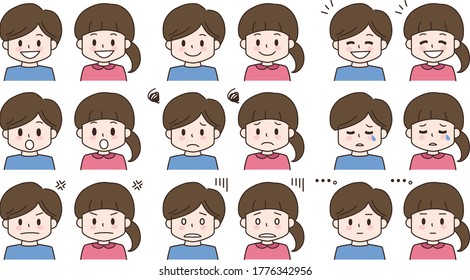 Cartoon set of child facial expression. Vector illustration isolated on white background.