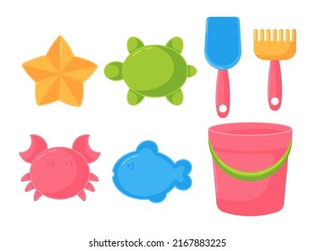 Cartoon set of children sand toys. Shovel and rake. Childrens rest in the sandbox or on beach. Vector illustration isolated on white background svg
