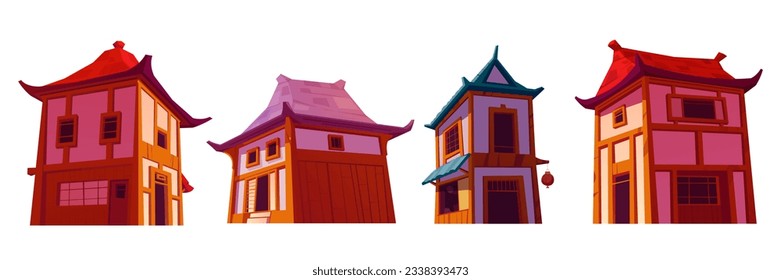 Cartoon set of Chinese houses isolated on white background. Vector illustration of traditional asian architecture, temple building, shop with red paper lanterns. China town street design elements