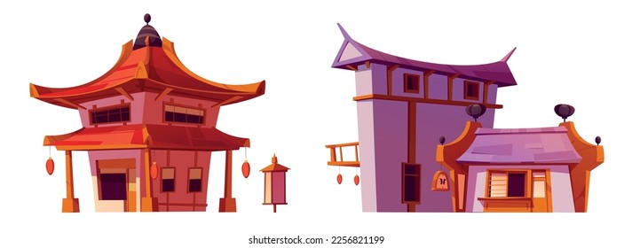 Cartoon set of Chinese houses or shops isolated on white background. Vector illustration of oriental architecture style buildings with traditional Asian roofs, decorated with red paper lanterns