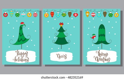 Cartoon Set Christmas Cards Christmas Tree Stock Vector (Royalty Free ...