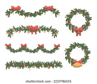 Cartoon set of Christmas fir garlands, red bow and jingle bells. Flat vector illustration.