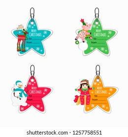 Cartoon set of Christmas and New Year tag or label. Xmas gift tag, invitation banner, sale or discount poster
