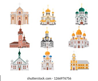 Cartoon set of churches with different denominations
