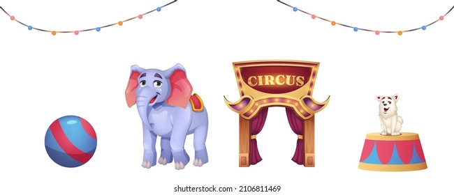 Cartoon set of circus elements with animals and entrance to cirque isolated on white background. Round stage with dog, elephant with ball and lighting garland for funny performance or carnival show.