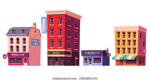 Cartoon set of city buildings isolated on white background. Vector illustration of apartment houses, pub, cafe, bookstore, grocery shop facades, ads banner template on wall. Town street constructor