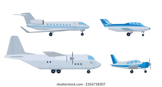 Cartoon set of civil, cargo, private aircraft. Vector illustration isolated on white background