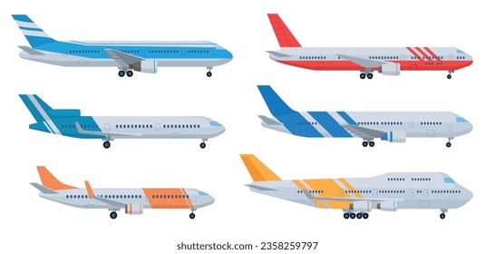 Cartoon set of civil, private, military aircraft. Vector illustration isolated on white background