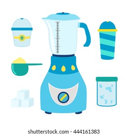 Cartoon set for cocktails, smoothie with blender, mixer. Ingredients for oxygen, protein and other cocktails. Vector illustration.