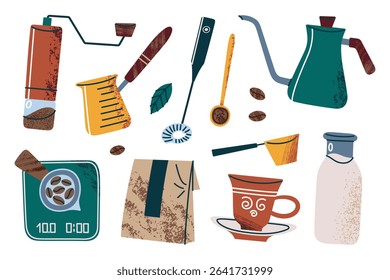 Cartoon set of coffee brewing accessories for making Turkish coffee. Vector illustrations of cezve, grinder, coffee cup, gooseneck kettle. Flat barista tools for cafe, home, packaging icons