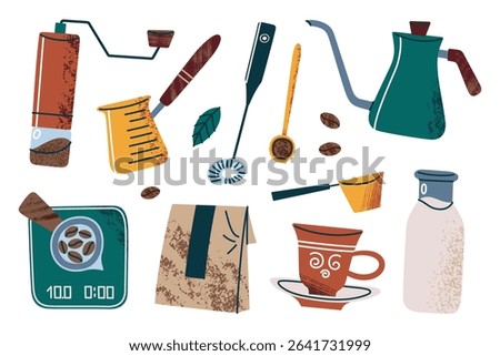 Cartoon set of coffee brewing accessories for making Turkish coffee. Vector illustrations of cezve, grinder, coffee cup, gooseneck kettle. Flat barista tools for cafe, home, packaging icons