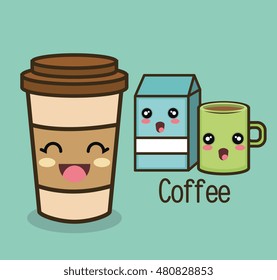 cartoon set coffee cup milk
