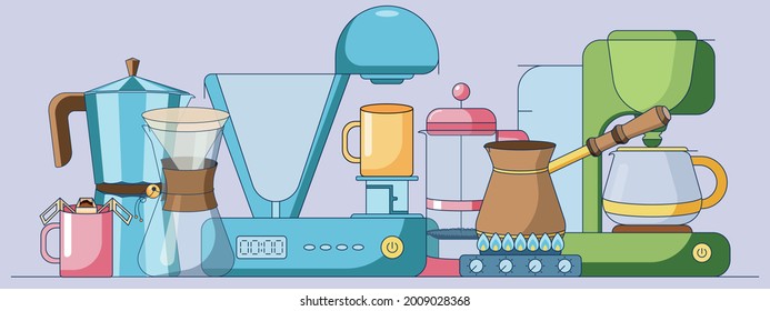 Cartoon set of coffee elements collections, different brewing methods, coffee maker machines isolated on a purple background. Vector illustration in a flat style. Vector illustration