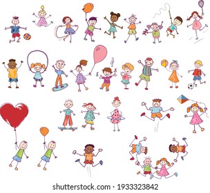 Cartoon set or collection of many multiethnic cute smiling children playing and jumping. Funny active and joyful kids. Diversity children. Kindergarten. Preschool. Stylized drawing. Comic