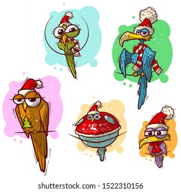 Cartoon set of colored birds in Christmas clothes