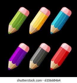 Cartoon set of colored wood pencils, vector icons