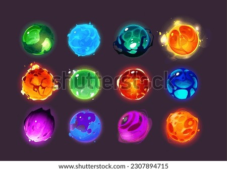 Cartoon set of colorful alien planets isolated on black background. Vector illustration of green, blue, orange, purple space globes with hot magma, cold ice, toxic gas texture. Game ui design elements