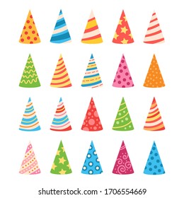 Cartoon Set Of Colorful Birthday Caps For Celebration Design. Party Hat Set Isolated On A White Background