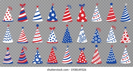 Cartoon set of colorful birthday caps for celebration. Party hat set isolated on a transparent background. Costume decorations for the celebration of July 4, Independence Day, US public holidays