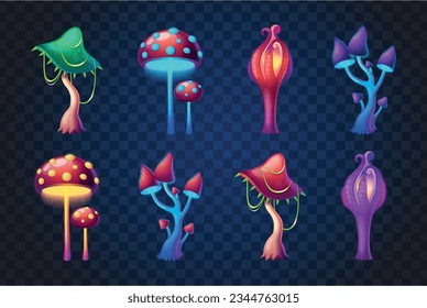 Cartoon set of colorful fantasy magic mushrooms isolated on transparent background vector illustration