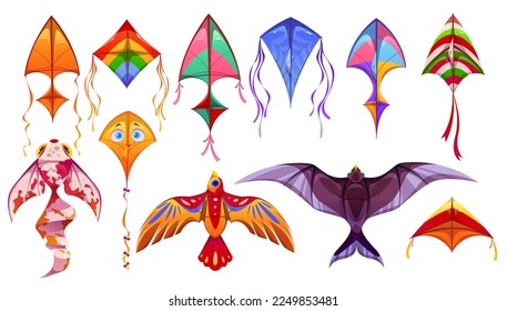 Conjunto de dibujos animados de cometas coloridas aisladas en fondo blanco. Ilustración vectorial de juguetes de papel volador en forma de ave, pez, cuadrado, triángulo y rhombus para juegos infantiles, actividades al aire libre de verano