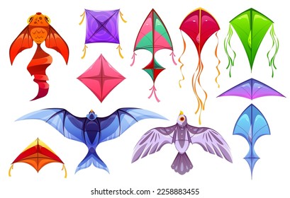 Cartoon set of colorful kites isolated on white background. Vector illustration of flying paper toys in shape of bird, fish, square, triangle and rhombus for childrens game, summer outdoor activities