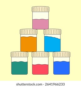 Cartoon set of colorful paint jars in pyramid shape on light yellow background. School art supplies for creative learning. For back to school stationery concept, education visual, or educational theme