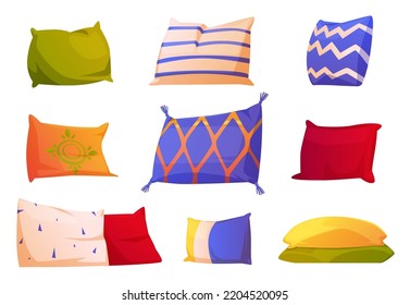 Montaje de almohadas coloridas aisladas en un fondo blanco. Ilustración vectorial de cojines rectangulares y cuadrados con diferentes ornamentos para el sueño saludable. Telas interiores para sofá o cama