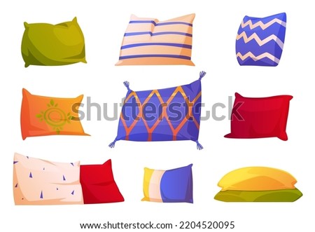 Cartoon set of colorful pillows isolated on white background. Vector illustration of rectangular and square cushions with different ornaments for healthy sleep. Home interior textile for sofa or bed